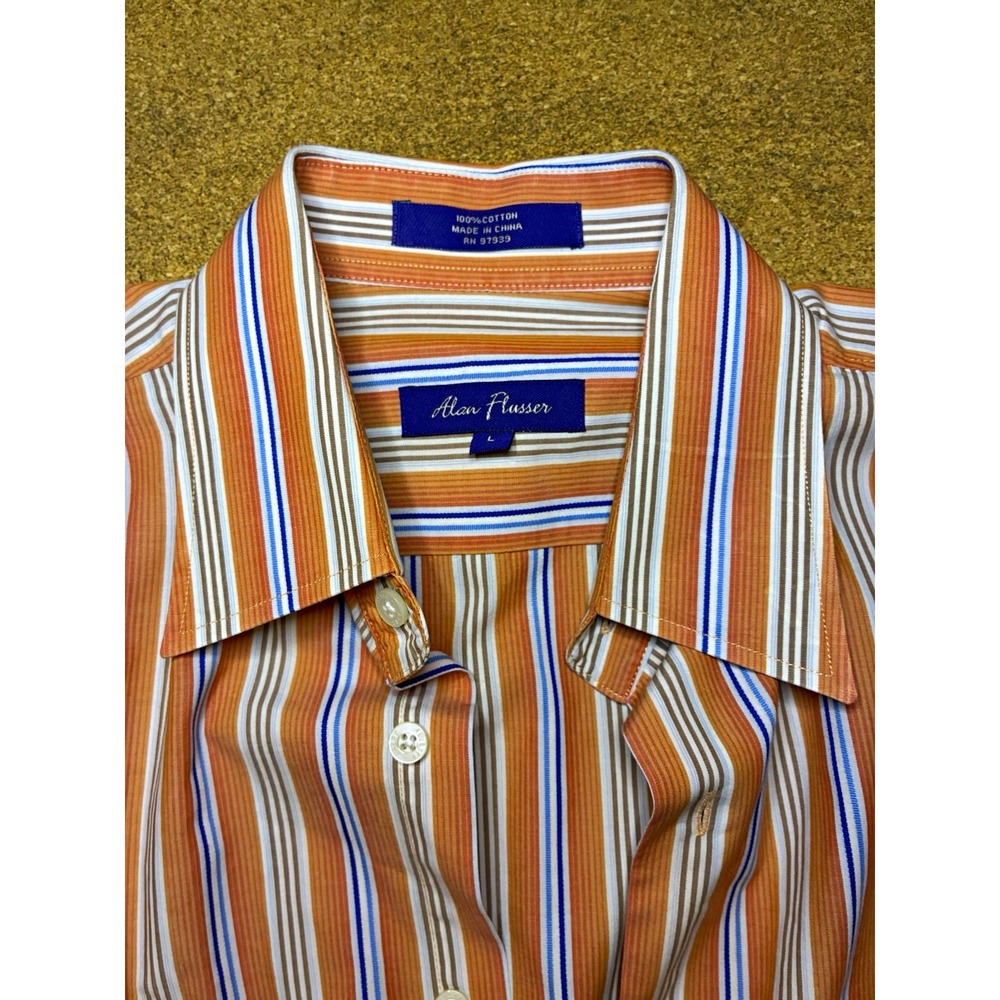 Alan Flusser Men's L Cotton Button-Up Shirt Orange White Blue Stripe